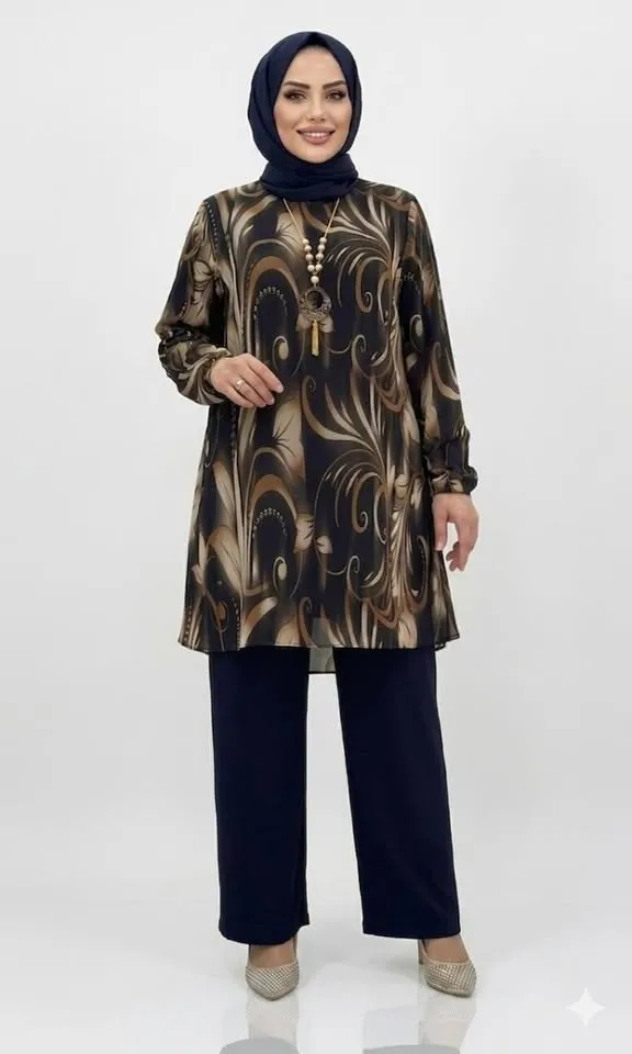 Ensemble Tunique Imprimée et Pantalon Large (Style Hijab Chic).