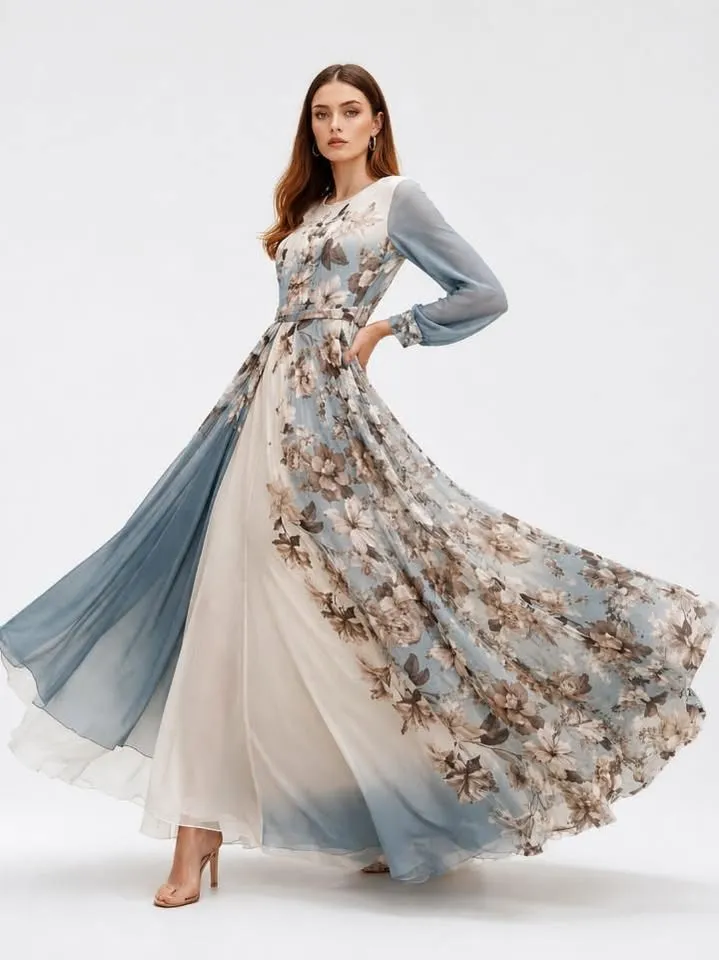 Robe Longue de Soirée Fluide à Imprimé Floral (Style Mousseline Cérémonie).