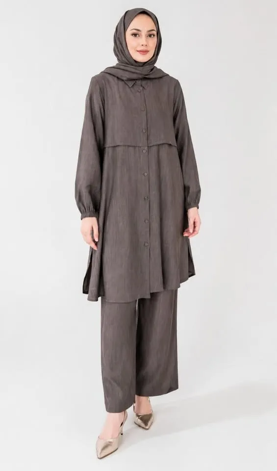 Ensemble Tunique Boutonnée et Pantalon Large (Style Lin Casual).