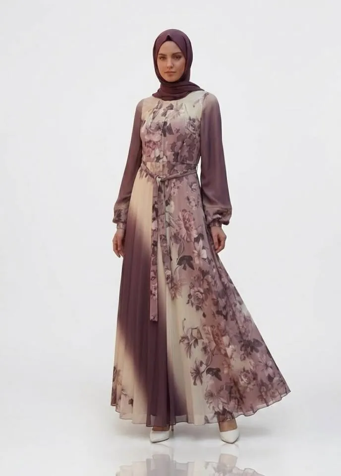 Robe Longue de Soirée à Imprimé Floral (Style Satin Fluide).