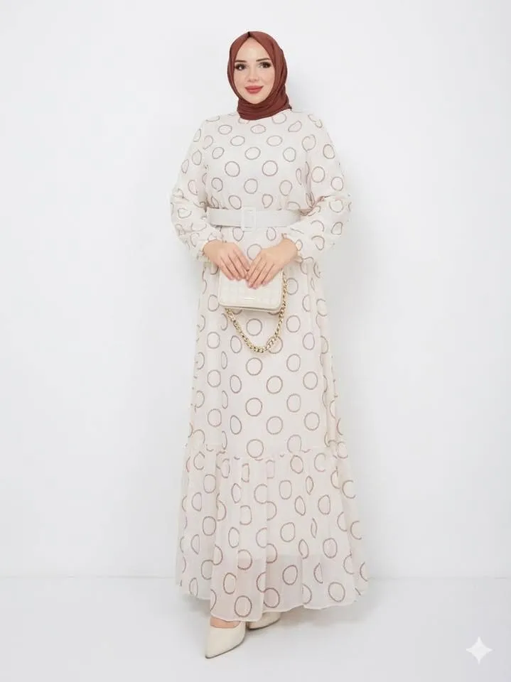Robe Longue à Imprimé Cercles avec Ceinture